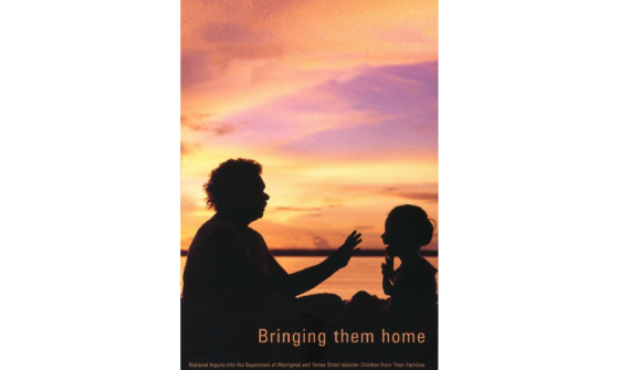 Cover of 'Bringing them home : the "Stolen children" report' which features in image of a parent and child playing at sunrise