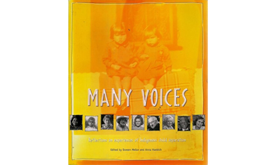 Cover of 'Many voices : reflections on experiences of Indigenous child separation' which features a photo of two young First Nations children photoshopped yellow and several small black and white photos of older First Australians