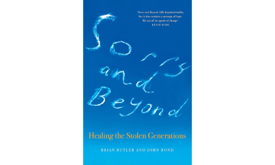 Cover of 'Sorry and beyond : healing the stolen generations' which features the a photo of the title written in skywriting