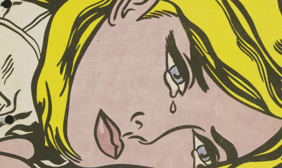 A portion of the cover of The Rocky Horror Picture Show film script featuring a graphic of a blonde woman's face. The woman is crying.