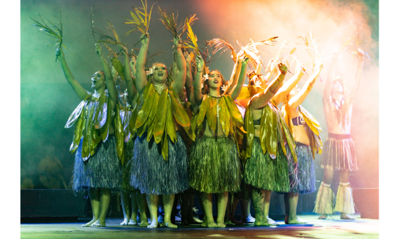 Group of dancers wearing large leaves around their necks and grass skirts, standing in a circle with their arms raised