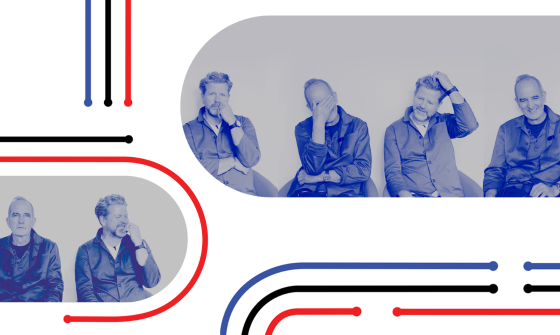 Various blue collage images of Tim Ross and Kevin McCloud with their show's branding, which incudes red and blue lines.