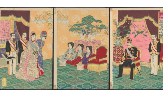 The Japanese print set depicts the ceremonial scene of marriage of very high class couple, possibly the emperor and his would be wife; various traditionally Japanese customs can be observed, and at the same time, Western influences in clothing and decorations are also eminent.