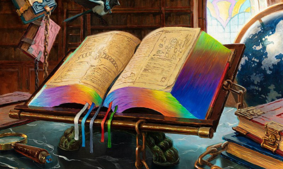 A colourful illustration of an open book with rainbow edged pages