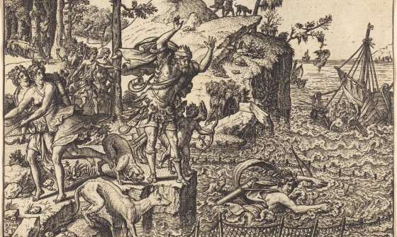 Etching of mythical sea creatures and a figure preparing to jump into the sea