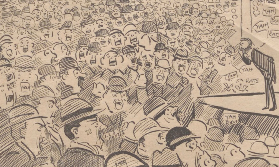 detail of illustration of crowd listening to a man on stage