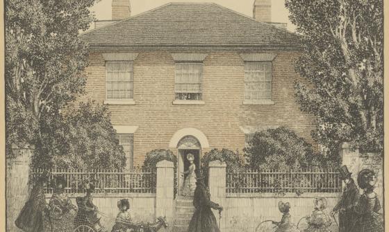Detailed illustration of a 2 storey brick house with a woman at the front door, and people walking along the path out front