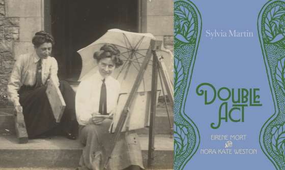 A black and white image of two women sitting on concrete steps, one holding woodworking tools, the other painting at an easel and holding a parasol