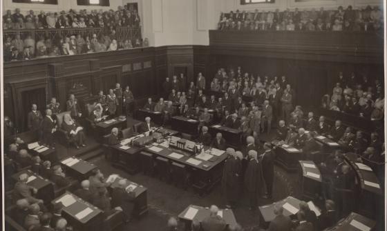Black and white photo of the opening of Federal Parliament