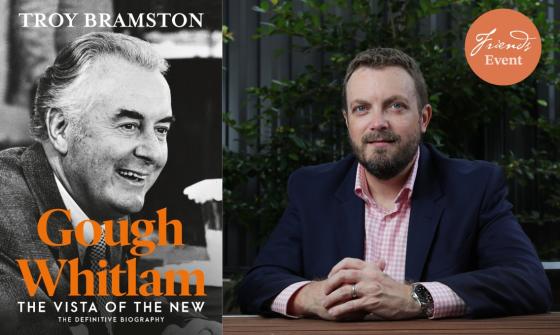 This image consists of two pictures side-by-side. On the left-hand side is a book cover featuring a photo of Gough Whitlam. On the right-hand side is an image of Troy Bramston. He is sitting at a table with a garden in the background.