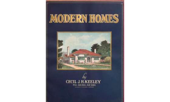 Cover of book 'Modern Homes' which features an illustration of a 1920s style one-storey house with a red roof and green trim
