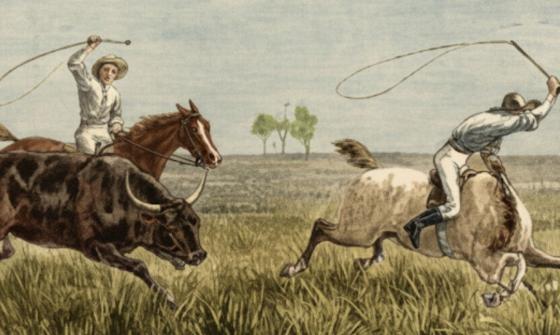 A painting of two stockman riding horses and holding whips high in the air, capturing a bull