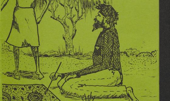 Green book cover, with a kneeling man painting, someone is talking to him, book is titled Palulanguru kungka ngalyankula wangkangu tjilpi palumpakutu