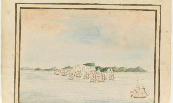 A painting of navy ships with blue skies and green hills in the background