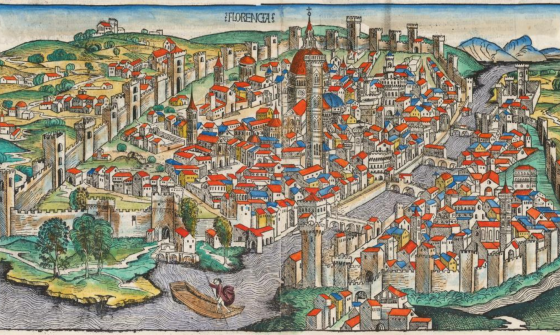 An illustration of a colourful castle and buildings in Florence, Italy