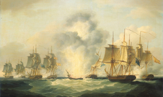 A painting depicting a battle between sailing ships at sea