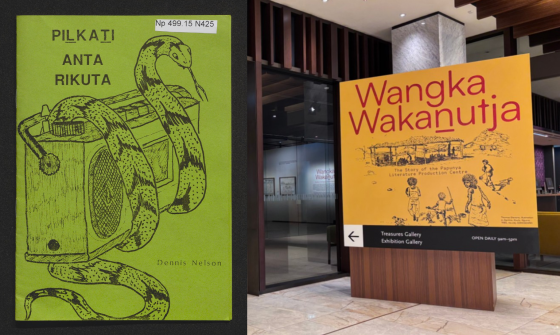 An illustration of black pen on green paper of a snake wrapped around a boom box. This is pictured beside an exhibition sign in a gallery.