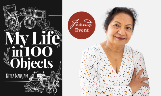 Black background, with the white text 'My Life in 100 Objects', white line art of various objects surrounds the text as a boarder to the left and Nerra Mahajan to the right