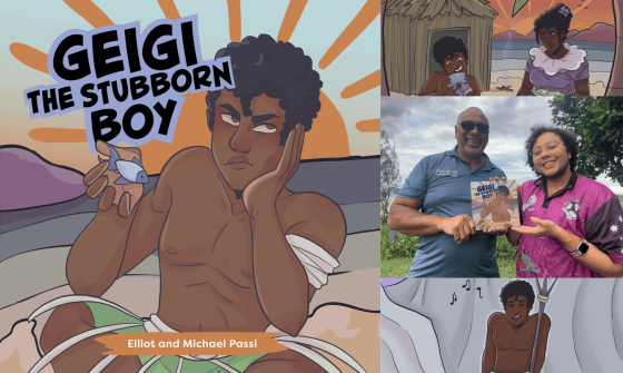 Book cover titled 'Geigi the stubbon boy' and authors Elliot and Michael Passi to the right of the cover