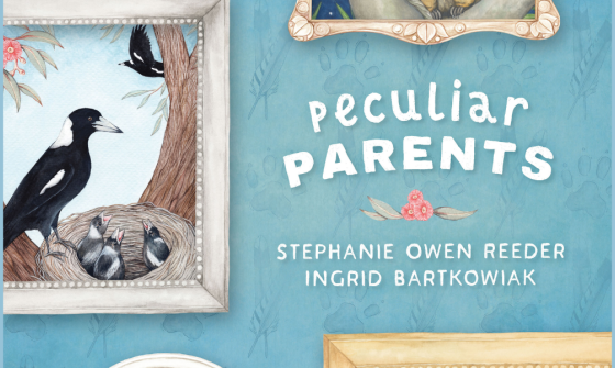 Cover for 'Peculiar Parents' by Stephanie Owen Reeder and illustrated by Ingrid Bartkowiak, featuring illustrations of framed animal pictures on a blue background