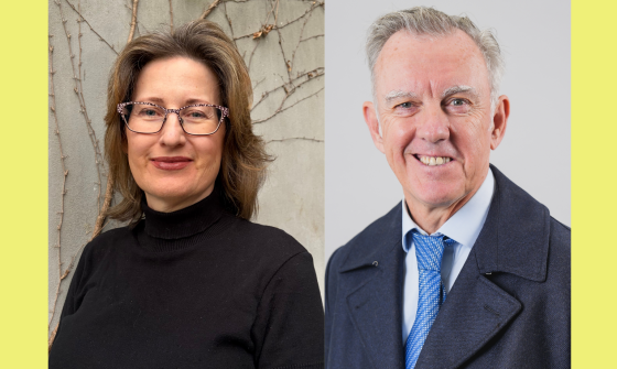 A split image featuring two professional headshots. On the left, a middle-aged woman with brown hair and glasses, wearing a black turtleneck, is smiling gently against a textured, light-colored background with some visible vines. On the right, an older man with gray hair, wearing a dark suit, white shirt, and blue patterned tie, is smiling directly at the camera against a plain gray background. Both individuals appear professional and approachable.
