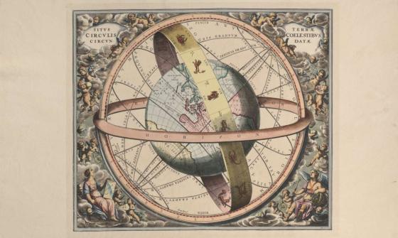 An antique, detailed celestial globe illustration, featuring constellations, lines of latitude and longitude, and astronomical markings.