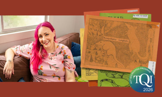 Portrait of Melanie Saward next to a the covers of a various Papunya readers, with the TQI accredited program logo 2026.