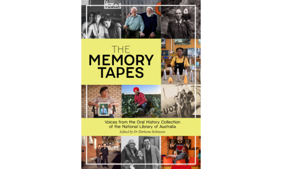 Collection of various portraits, from groups of people to individuals, with the title 'The Memory Tapes' on a yellow back