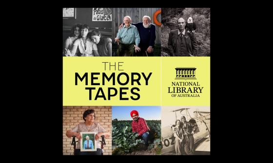 Collection of various portraits, from groups of people to individuals, with the title 'The Memory Tapes' on a yellow back