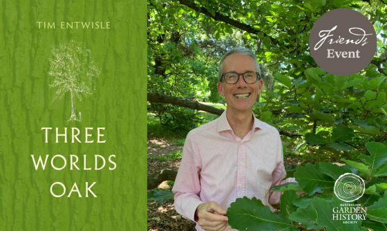 A smiling older man wearing glasses and a pink shirt stands outdoors in a lush, green, wooded area, with a promotional graphic for a 'Friends Event' and 'Three Worlds Oak' on the left.