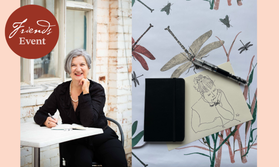 A split image featuring a smiling older woman in a black top sitting at a table on the left, and a flat lay of art supplies, including a sketchbook with a drawing of a person, a black folio, and a dragonfly illustration on a patterned background on the right.