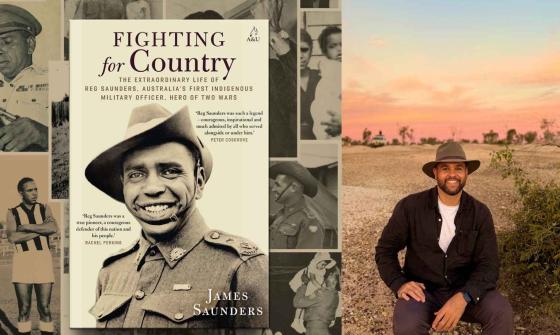 A book cover featuring an image of a smiling soldier is pictured next to an image of the book's author sitting outdoors with sunset in background