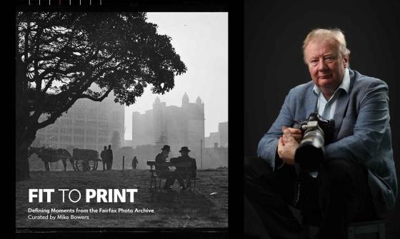 The Fit to Print book cover featuring two men sitting on a park bench under a tree with city skyline and horse and cart in the background, is pictured alongside a portrait of Mike Bowers holding a camera