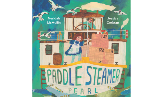 Illustration of the paddle steamer Pearl on a river, with birds flying overhead, fishing nets on deck, and two figures aboard in a colorful painted style.