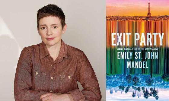 A split image of author Emily St John Mandel on the left, wearing a brown shirt with arms crossed, and the cover of her book 'Exit Party' on the right. The book cover shows a stylized, colorful reflection of a cityscape.