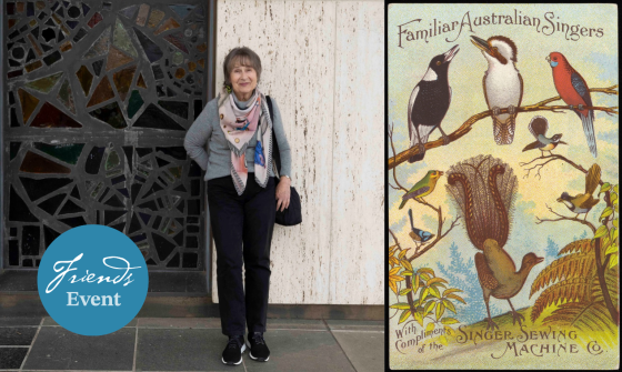 An older woman stands beside a large painting of two vibrant yellow birds on a rocky hillside with mountains in the background, next to a stained-glass window; a blue circular graphic reads 'Friends Event' in the foreground.