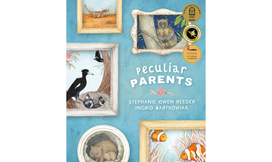 Cover for 'Peculiar Parents' by Stephanie Owen Reeder and illustrated by Ingrid Bartkowiak, featuring illustrations of framed animal pictures on a blue background