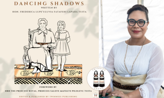 Book cover for 'Dancing Shadows' by Hon. Frederica Lupe'uluvia Fatafehi Lapaha Tuita, featuring an illustrated seated woman and girl, alongside a photo of the author wearing glasses and traditional attire.