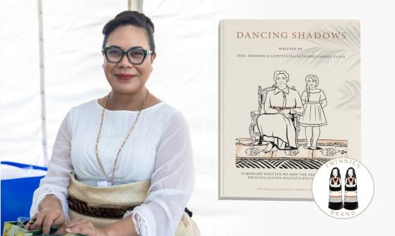 Book cover for 'Dancing Shadows' by Hon. Frederica Lupe'uluvia Fatafehi Lapaha Tuita, featuring an illustrated seated woman and girl, alongside a photo of the author wearing glasses and traditional attire.