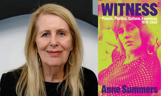 A split image featuring Anne Summers on the left and the cover of her book 'Witness: People. Politics. Culture. Feminism. 1975-2025' on the right. The book cover uses a vibrant, with pink and lime green design and has an image of a woman.