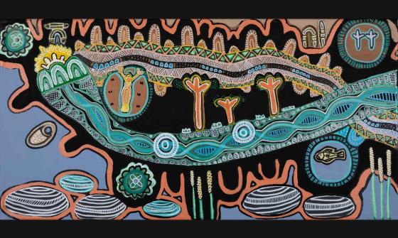 A vibrant Aboriginal dot painting, depicting traditional symbols and patterns in earthy tones against a black background.