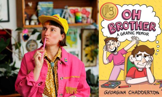 Georgina Chadderton, wearing a yellow cap and shirt and a pink jacket is pictured in deep thought, holding a pencil to their mouth. Alongside the image is the book cover for the graphic novel Oh Brother.