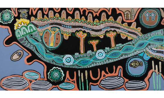 A vibrant Aboriginal dot painting, depicting traditional symbols and patterns in earthy tones against a black background.