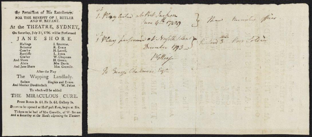 Both sides of an old playbill for a performance of Jane Shore