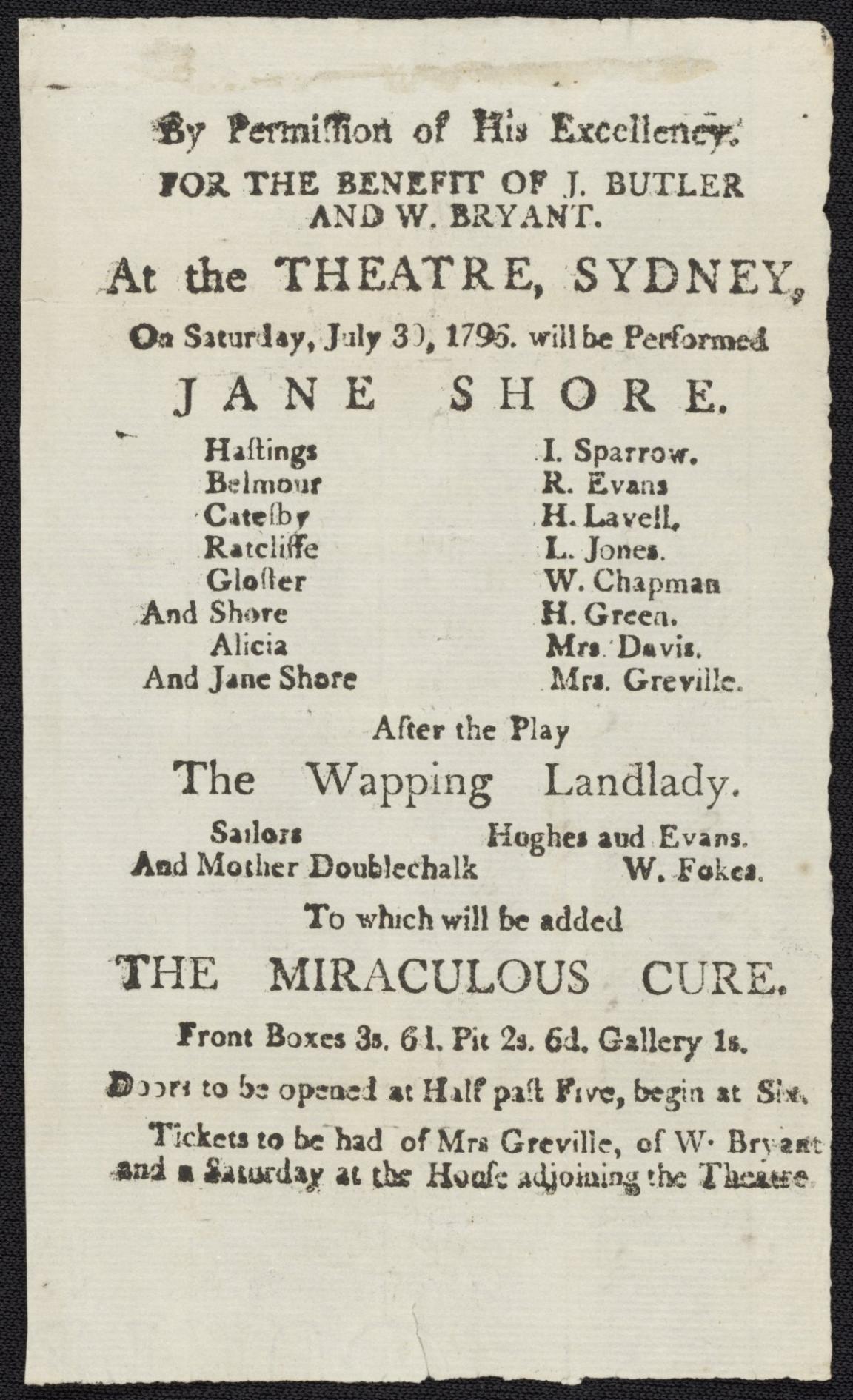 Copy of a printed playbill containing details for a performance of Jane Shore at the Sydney Theatre in 1796.