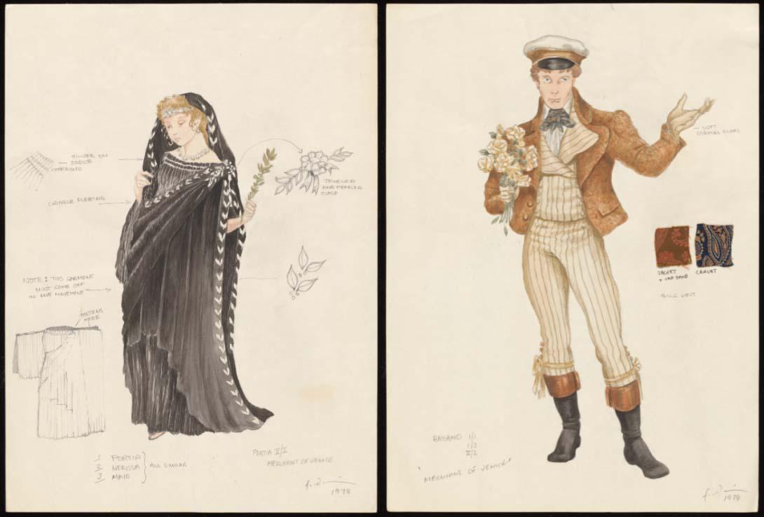 Two costume designs with annotations. On the left, a woman in a black dress with a hood and lots of draping material. On the left, a man in white pants, an orange jacket, a cap and black boots.