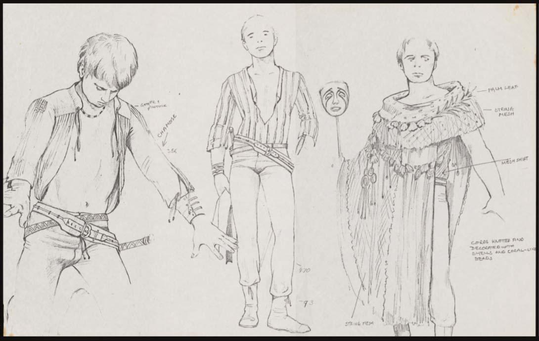 Three costume sketches for men. On the left, a close look at a jacket with no shirt underneath, in the middle a shirt with a deep 'v' and on the right robes with vines.
