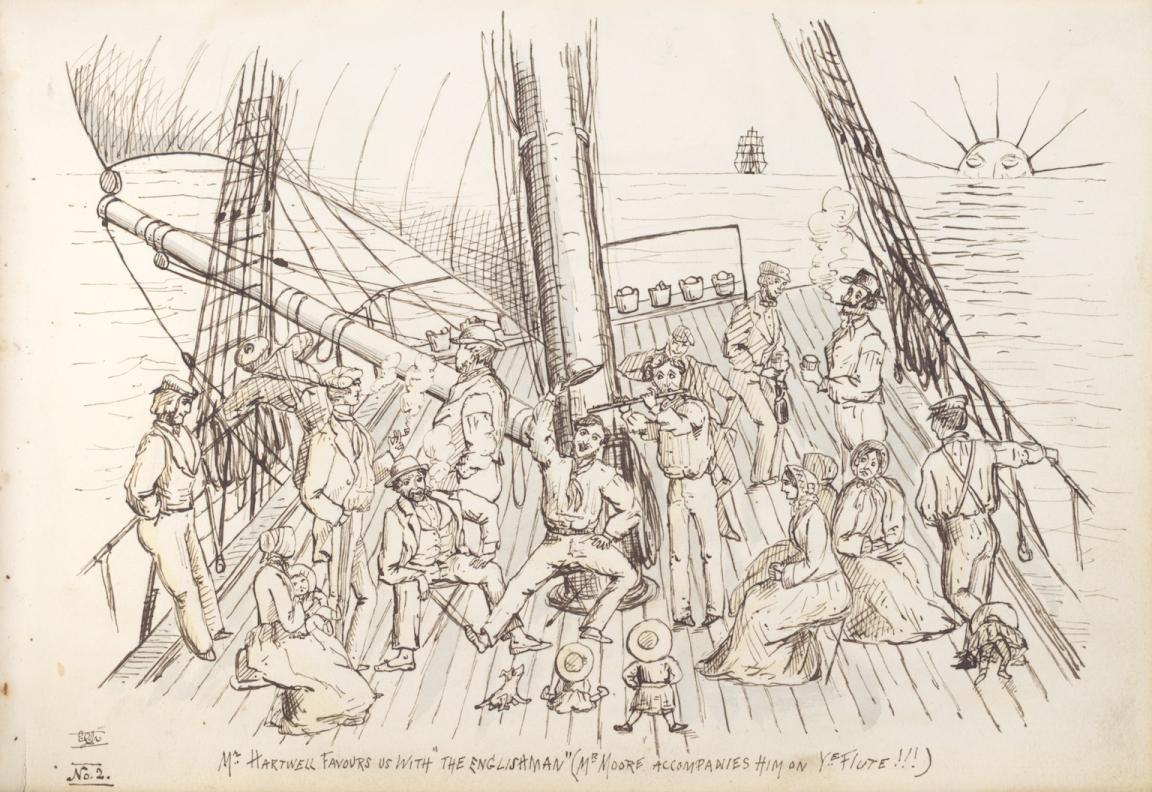 Sketch of passengers of a ship on the deck talking, playing music and dancing