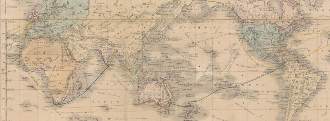 Cropped view of a world map with shipping routes highlighted