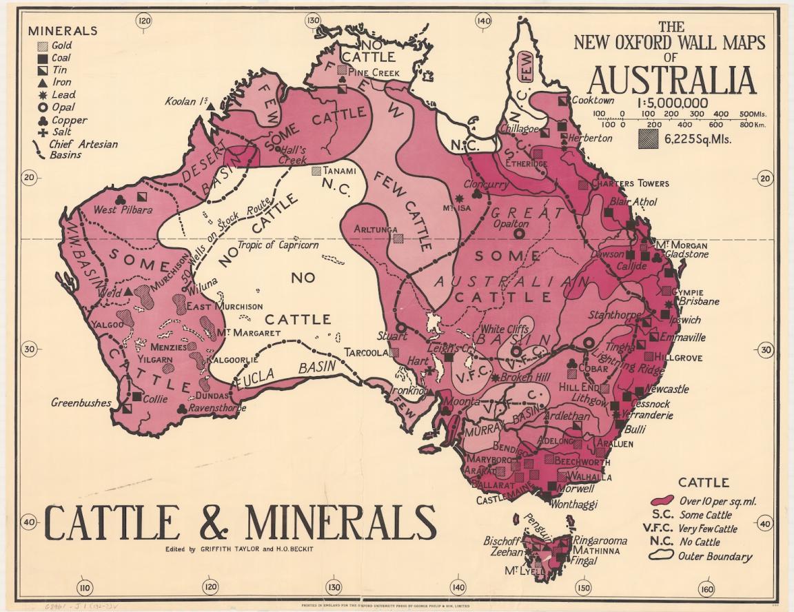 A 1920s map of Australia showing distribution of cattle and minerals